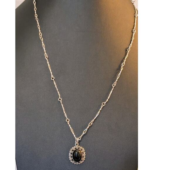 VTG 925 Black Stone Marcasite Flower Pendant on 925 Israel Fancy Chain Necklace - Picture 1 of 10